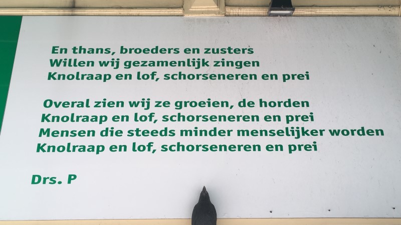 Regels uit de liedtekst Knolraap en lof, schorseneren en prei van Drs. P, gevonden op de gevel van een groentezaak in Leiden