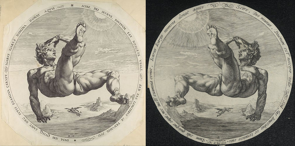 Icarus van Hendrick Goltzius en een kopie door Jan de Bry