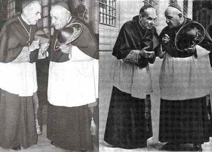 Twee foto's van de kardinalen Elia Dalla Costa en Giuseppe Angelo Roncalli in gesprek