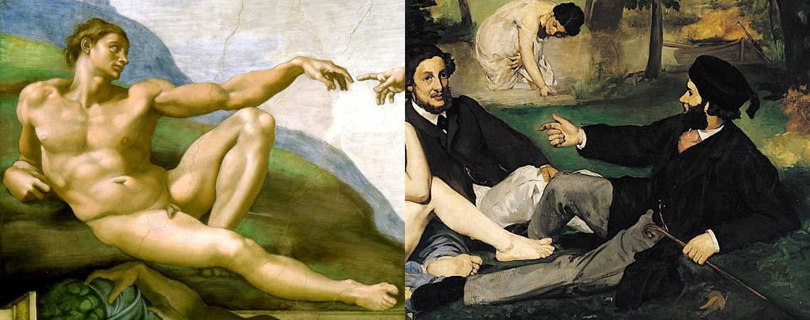 Dwarskijken, Michelangelo, Édouard Manet, De schepping van Adam, Le déjeuner sur l'herbe