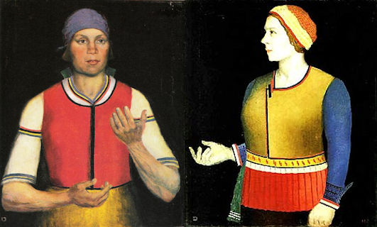 Kazimir Malevich schilderde portretten van een arbeidster en van zijn vrouw. Hun kleding vertoont gelijkenis met die van kunstenares Cornelia Parker op een portretfoto door Suki Dhanda