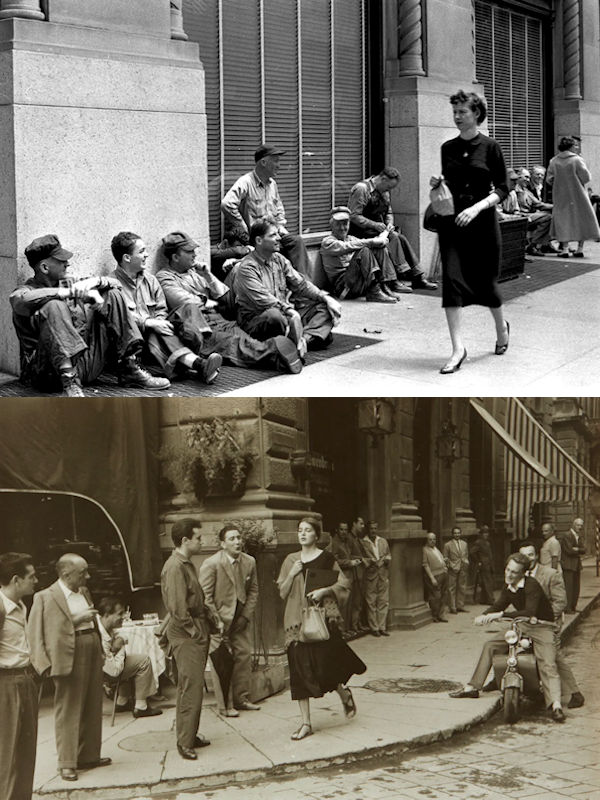 Ruth Orkin en Sabine Weiss fotografeerden in de jaren '50 beide een vrouw die alleen over straat loopt en wordt aangegaapt door mannen.
