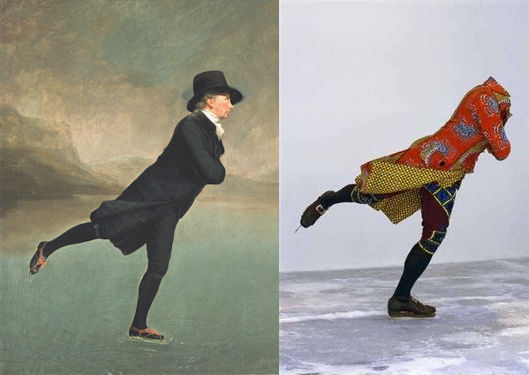 Henry Raeburn, The Reverend Robert Walker Skating on Duddingston Loch en Yinka Shonibare, Reverend on Ice