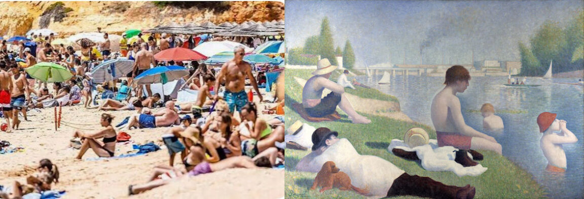 Dwarskijken tussen een foto van een strandscène en een schilderij van Georges Seurat
