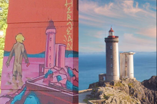 Vuurtoren van Brest, links op de muurschildering in Trier, rechts op een foto