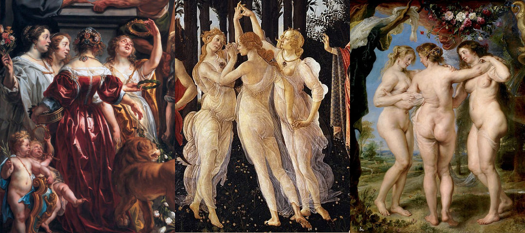 Detail uit het werk van Jacob Jordaens en Drie gratiën van Sandro Botticelli (afkomstig uit La Primavera) en Drie gratiën van Peter Paul Rubens