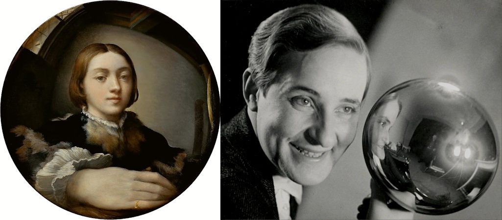 Een geschilderd zelfportret van Parmigianino en een gefotografeerd zelfportret van Aenne Biermann vertonen een opvallende gelijkenis: spiegeling in een bol voorwerp