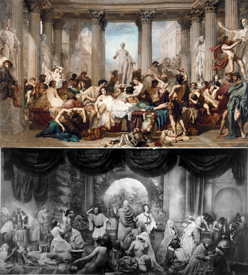 Les Romains de la Décadence van Thomas Couture en The Two Ways of Life van Oscar Gustav Rejlander vertonen een opvallende overeenkomst in de compositie.
