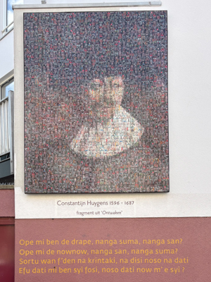 Portret van Constantijn Huygens, samengesteld uit portretfoto's van buurtbewoners
